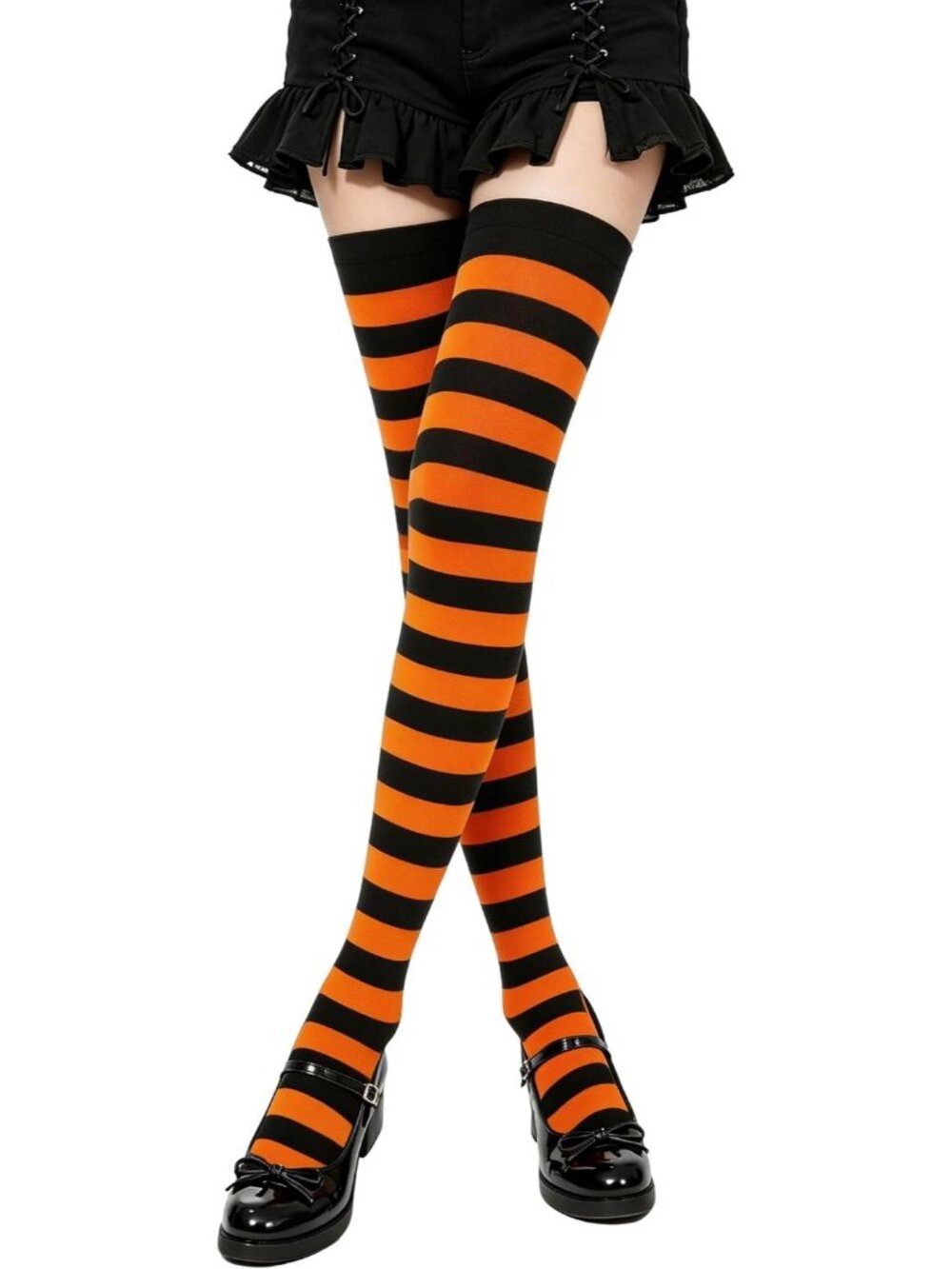 Women's Black Orange Pumpkin Striped Thigh High Over Knee Halloween Socks